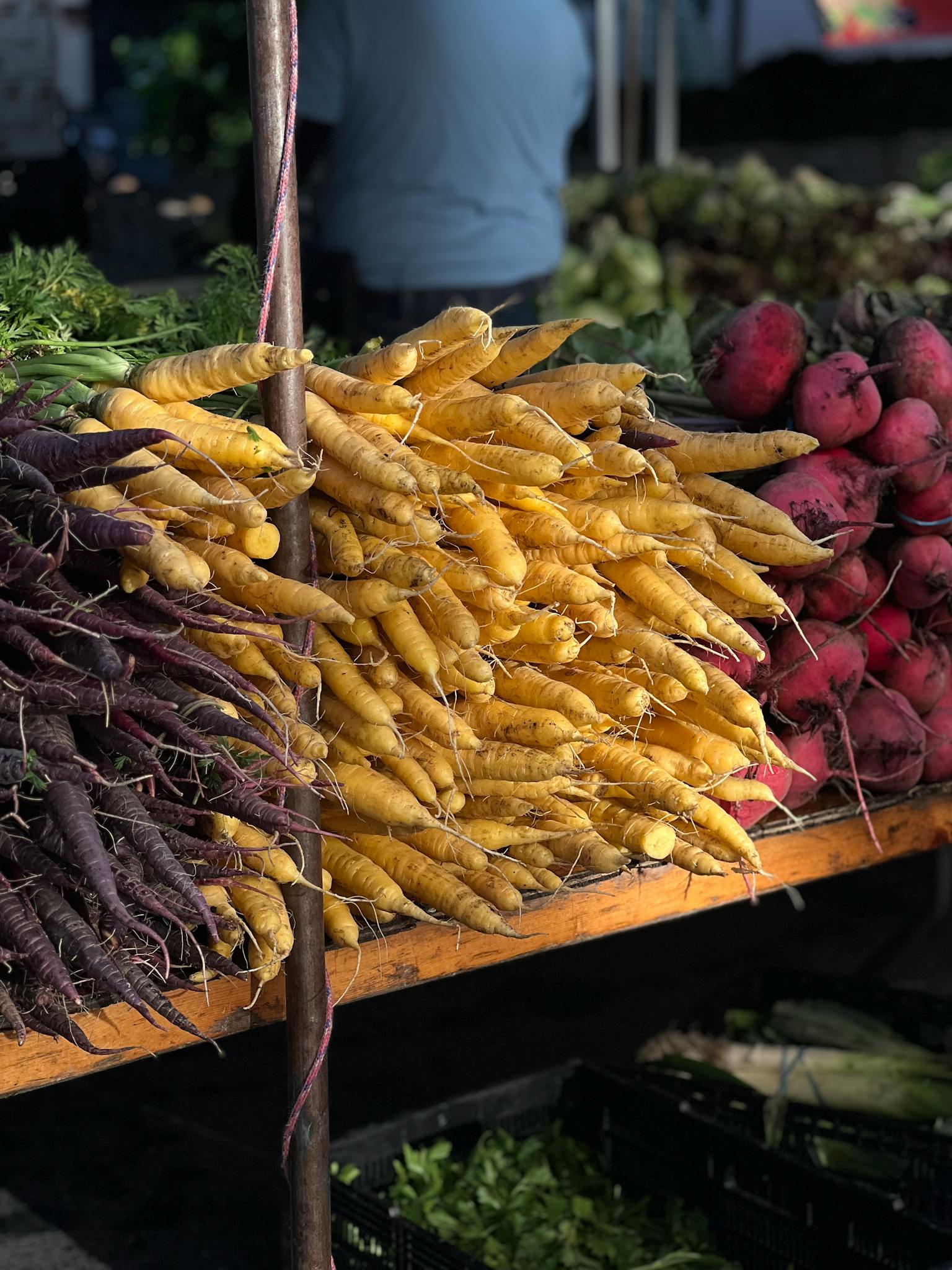 Vibrant display of fresh carrots and beets at a local farmers market, captured in natural light.
